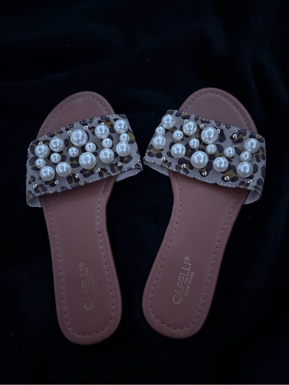 Capelli of New York Brown Leopard Pearl-Embellished Slide Sandals